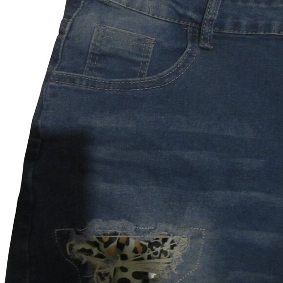 Distressed Denim Shorts With Leopard Print Patches Frayed Hem 3XL Blue - Picture 5 of 5